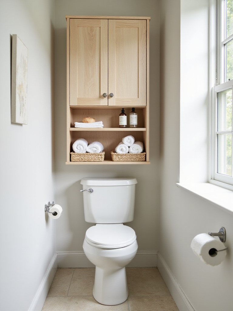 Small bathroom with light wood over-the-toilet storage cabinet with baskets and modern toilet.