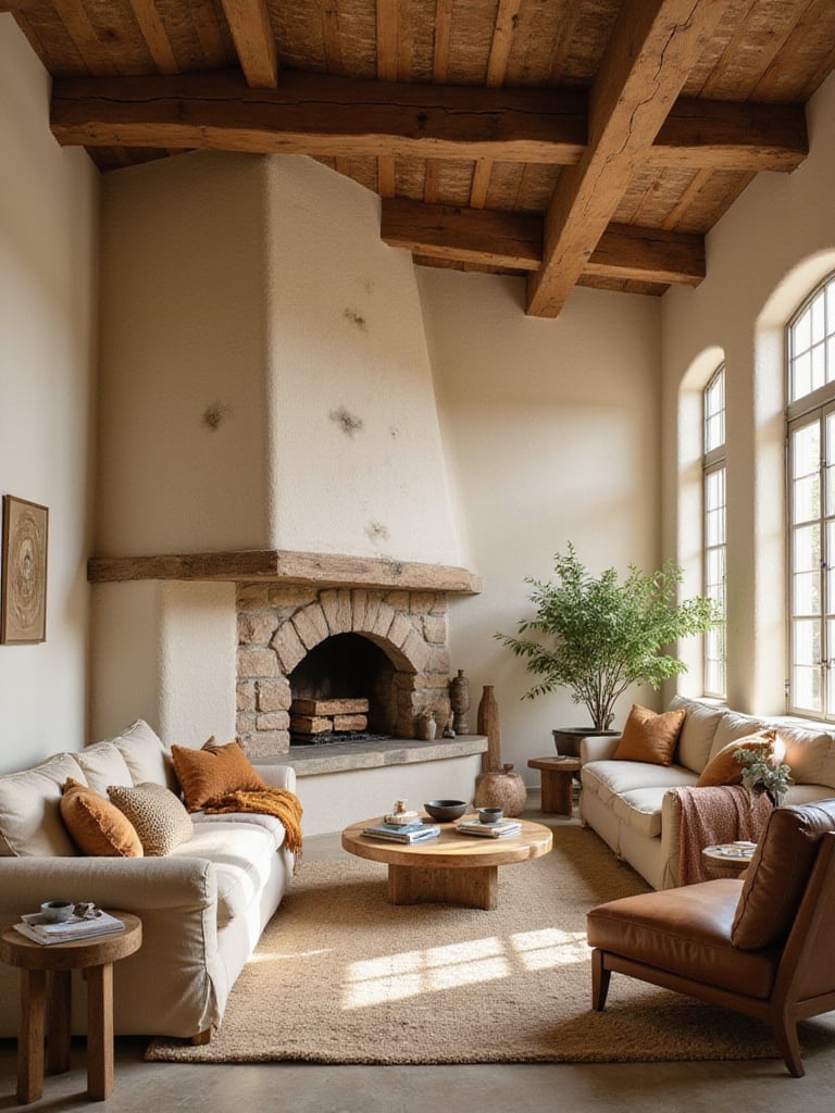 Rustic living room with earthy beige walls, stone fireplace, and exposed wooden beams.
