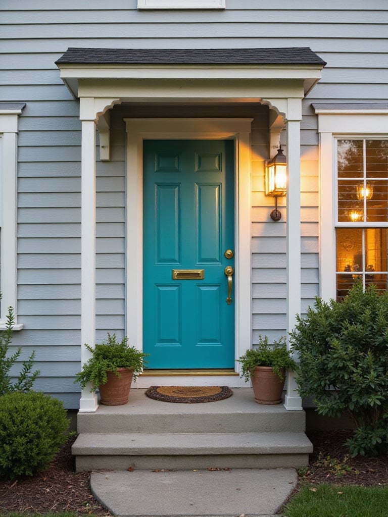 Teal front door on light gray house exterior with potted plants.
