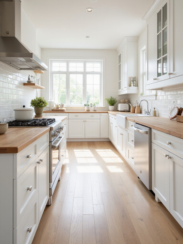 Bright white kitchen featuring shaker style cabinets paired with warm butcher block countertops on the perimeter and island, creating a fresh and timeless design.