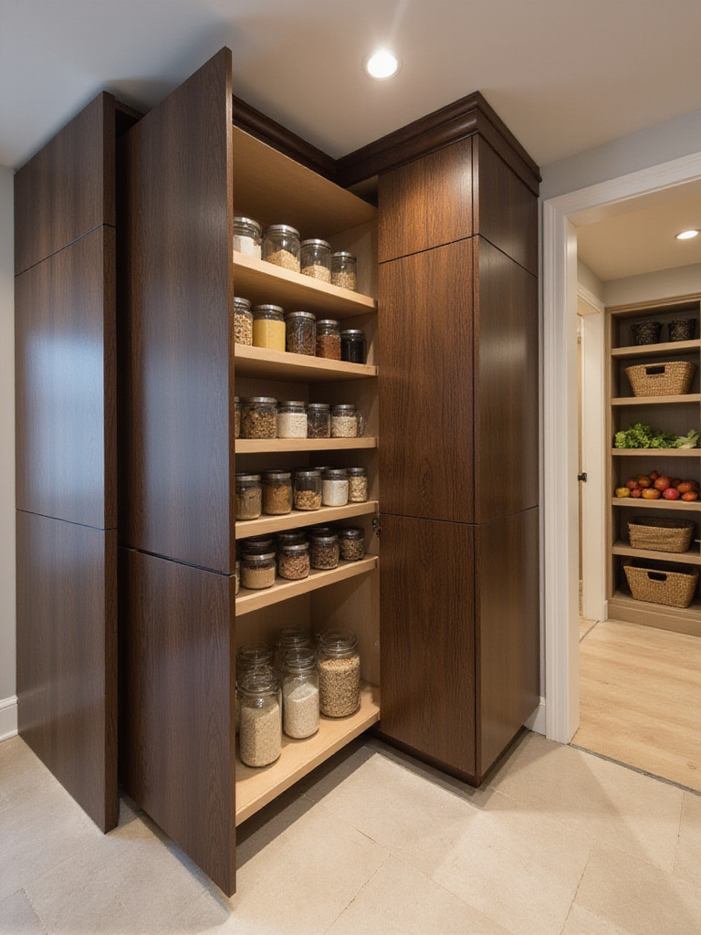 Modern kitchen with organized pull-out and walk-in pantry solutions.