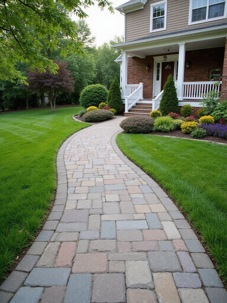 Front yard landscaping featuring a stone paver walkway leading to a welcoming front porch.