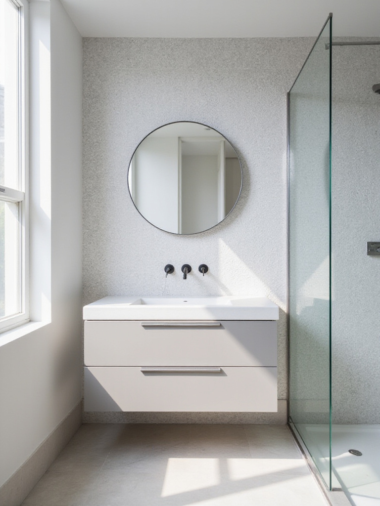 Small bathroom with geometric patterned tile feature wall