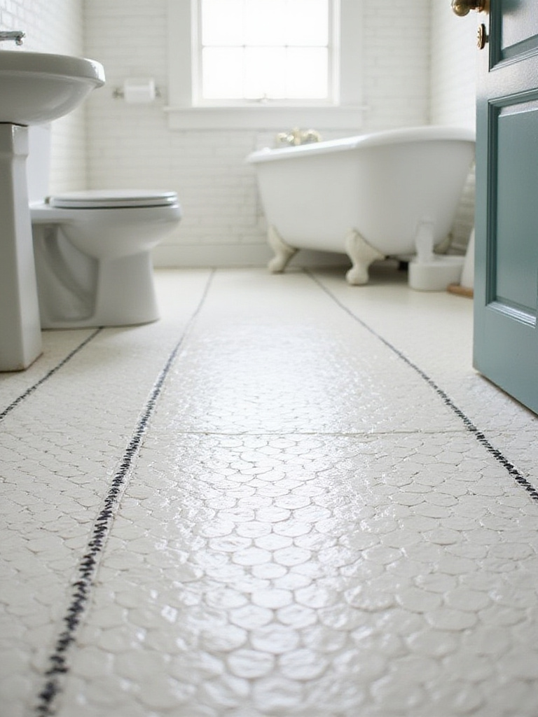 Retro bathroom floor tiled with small white penny tiles and a black border pattern, showing a pedestal sink and clawfoot tub.