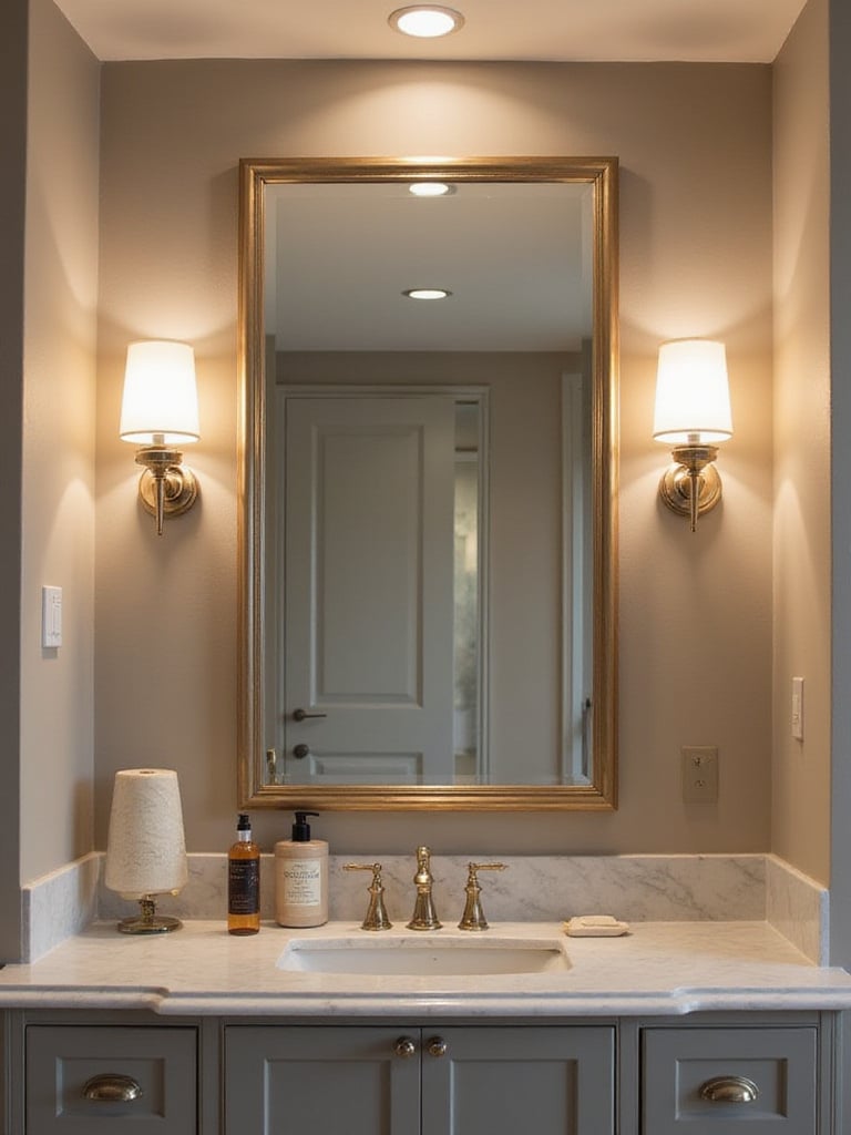 Bathroom vanity with sconces and LED light bar providing flattering illumination.