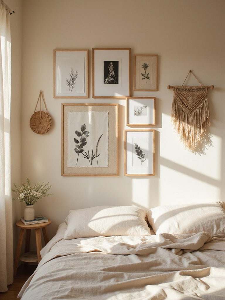 Beige bedroom with personalized gallery wall showcasing black and white photos and botanical prints