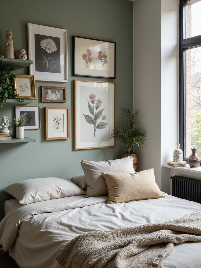 Bedroom gallery wall featuring photos, pressed flowers, and antique objects.