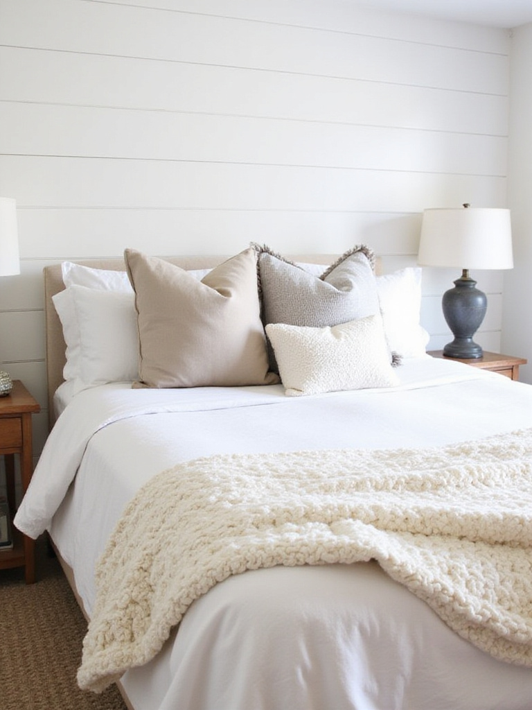 Farmhouse bedroom with layered throw pillows and cozy blankets
