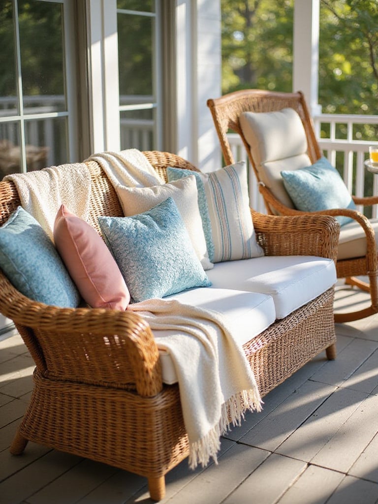 Comfortable front porch seating with layered throw pillows and a soft blanket