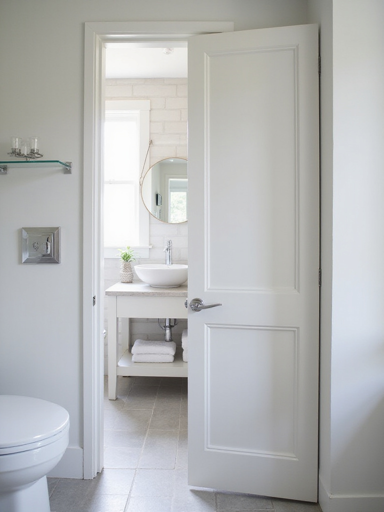 Small bathroom with a white pocket door saving space.