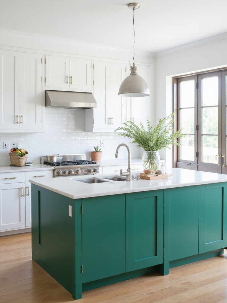 Modern kitchen with white cabinets and a bold emerald green kitchen island.