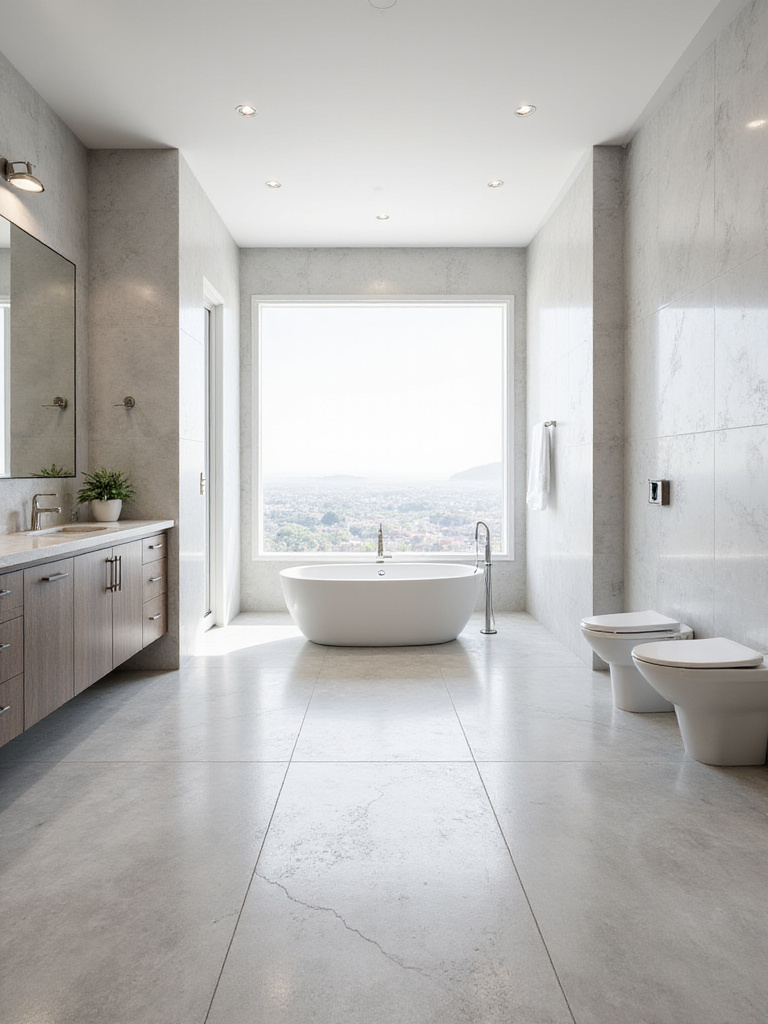Elegant modern bathroom with large-format grey concrete-look porcelain floor tiles and white marble-look porcelain shower wall tiles, showcasing durable, water-resistant tile choices for longevity.