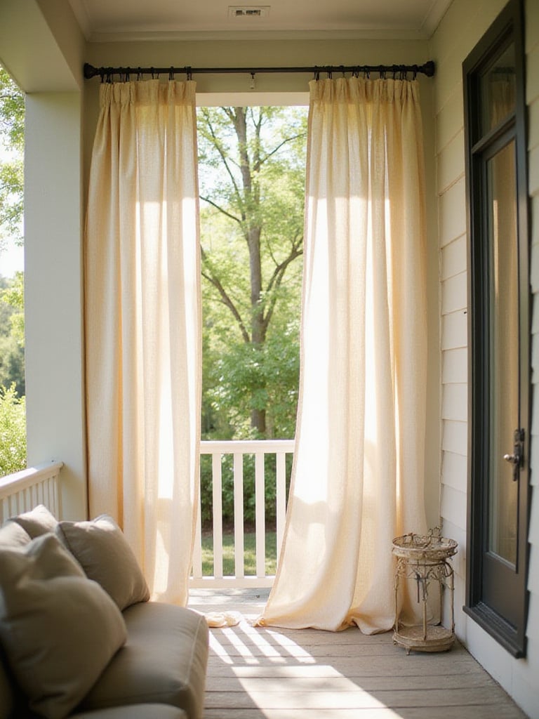 Front porch with outdoor curtains providing privacy and shade