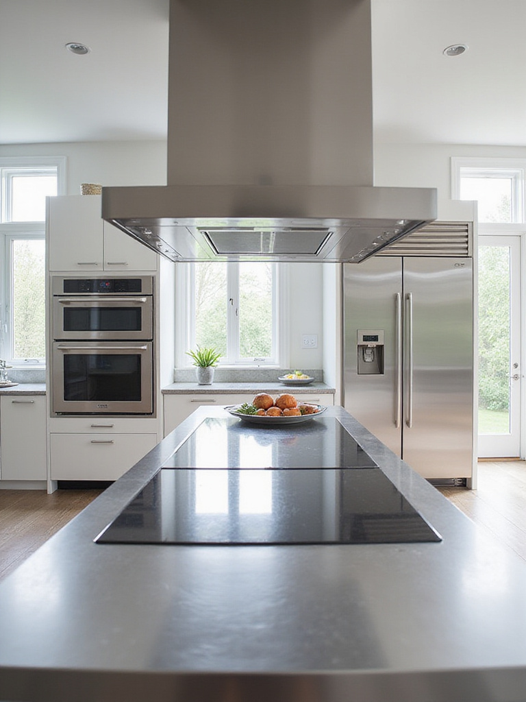 Luxury kitchen with professional-grade stainless steel appliances, including induction cooktop, double wall oven, and integrated refrigerator.