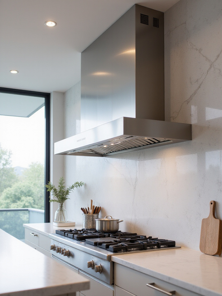 Luxury kitchen featuring a sleek, professional-grade stainless steel range hood above a gas cooktop.