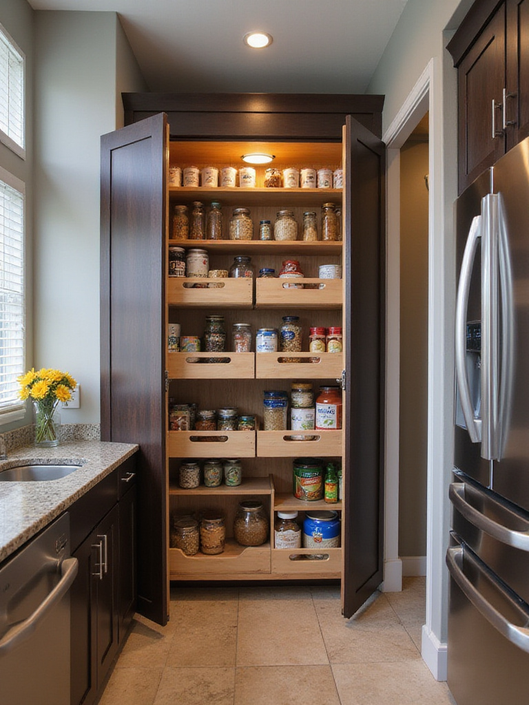 Modern kitchen with a dark wood pull-out pantry, showcasing organized food storage.