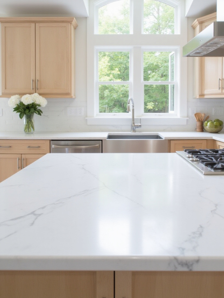 Modern kitchen with white quartz countertops and natural wood cabinets