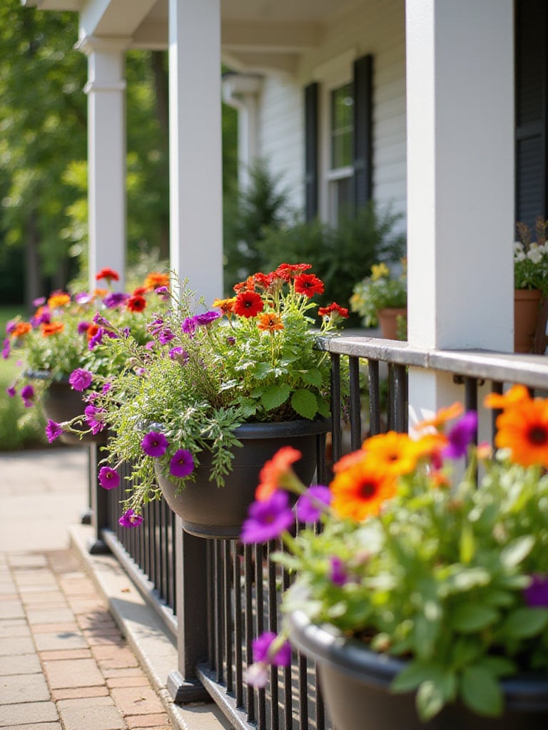 Front porch railing garden with colorful flowers
