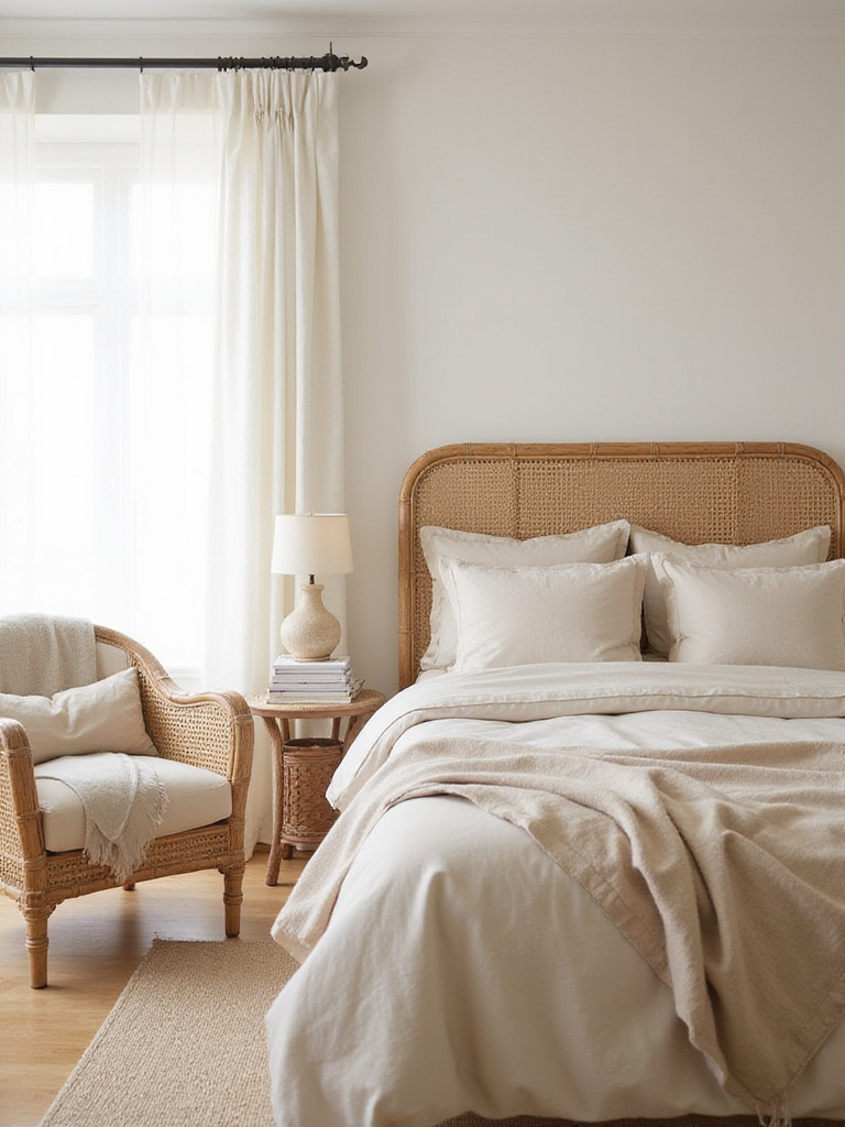 Beige bedroom with rattan headboard and wicker armchair for bohemian style