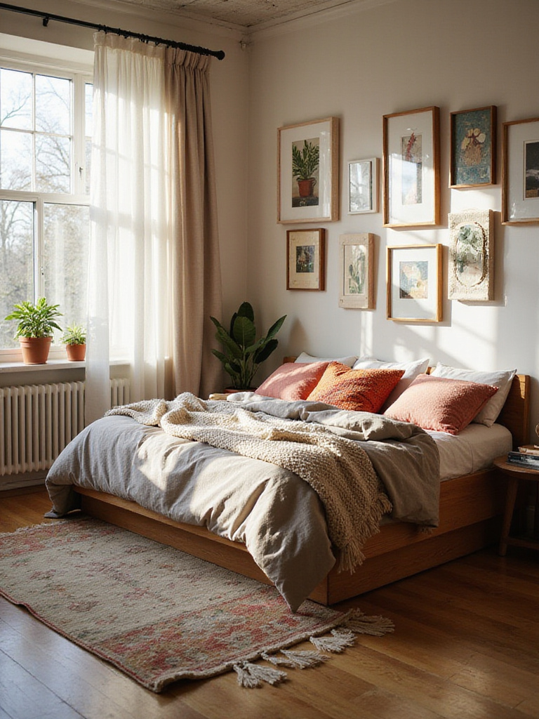 Bedroom interior showcasing a personalized gallery wall and eclectic decor.