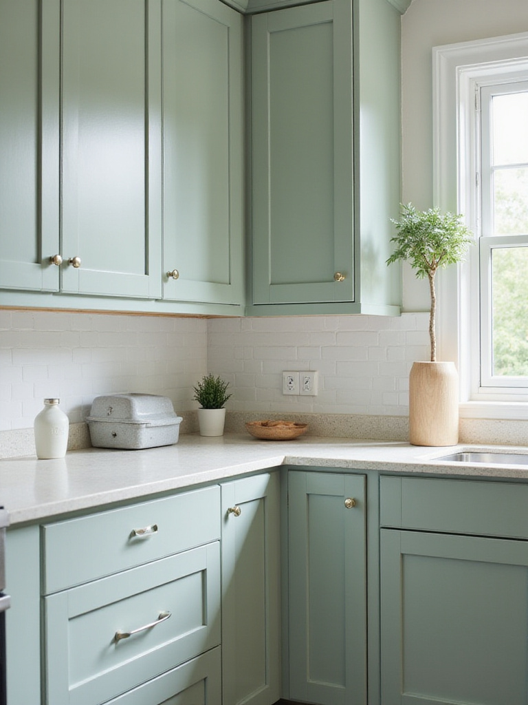 Kitchen cabinets painted sage green with modern hardware.