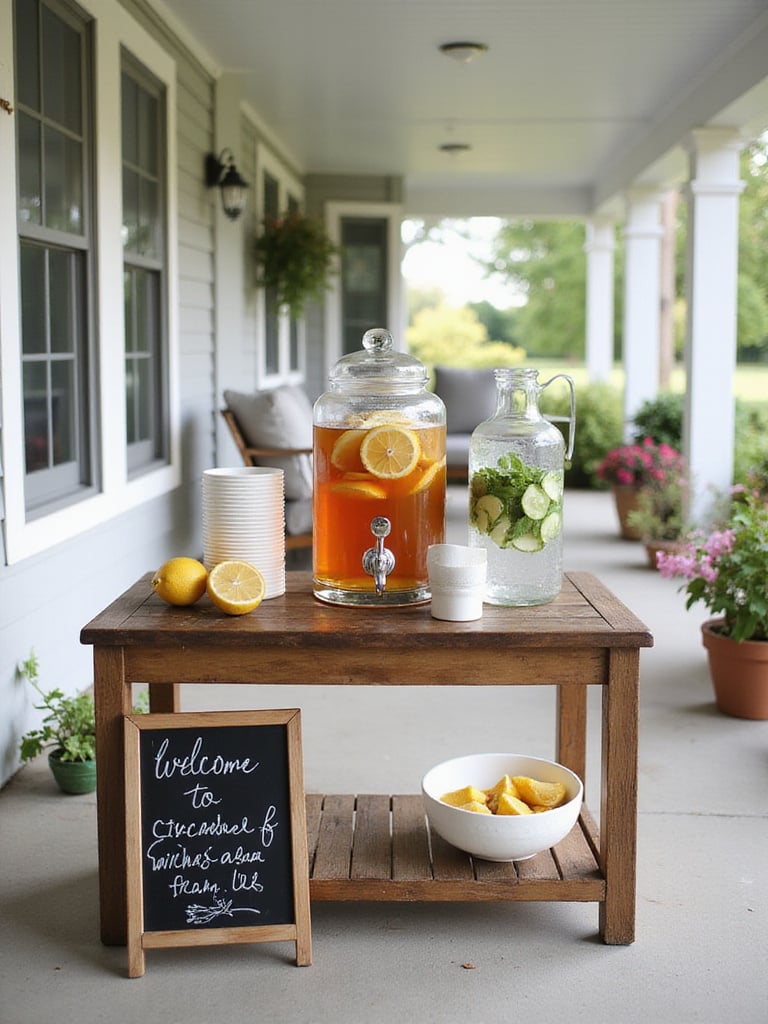 Front porch beverage station with iced tea and water