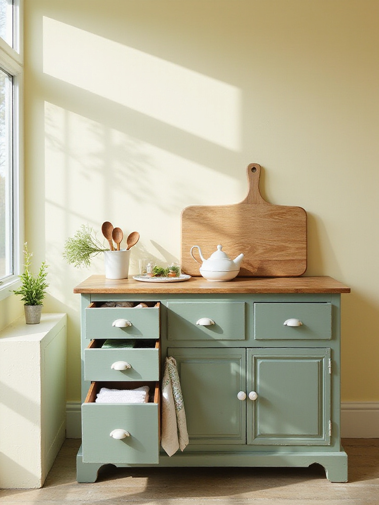 Repurposed sage green sideboard used as kitchen storage