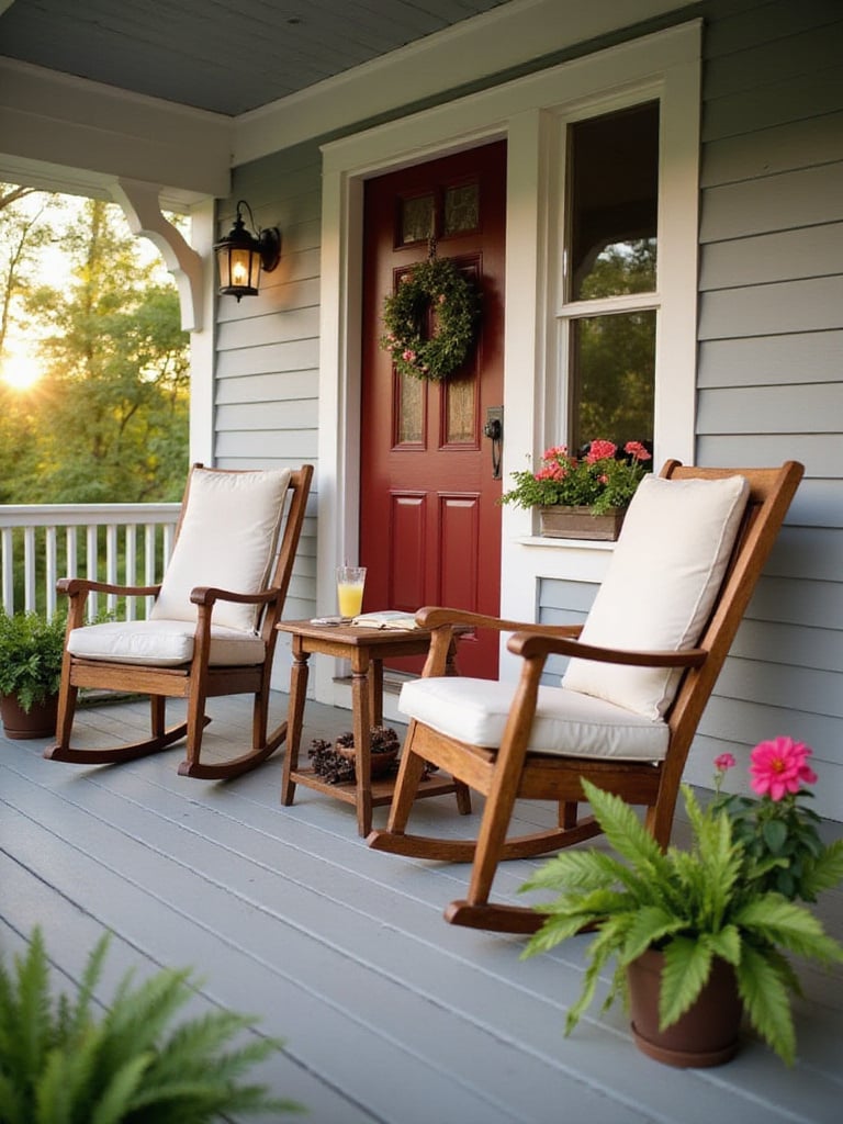 Two rocking chairs on a welcoming front porch decorated with flowers and cushions.