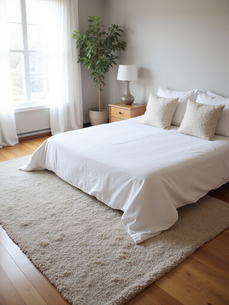 Bedroom with a soft, stylish rug anchoring the space.