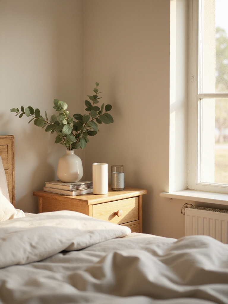 Beige bedroom with scented candles in neutral vessels on bedside table