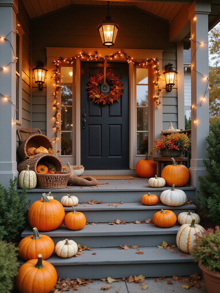 Front porch decorated for autumn with pumpkins, gourds, cornucopia, and warm lighting.