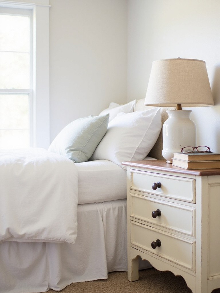 Farmhouse bedroom with matching cream-colored nightstands featuring drawers for bedside storage