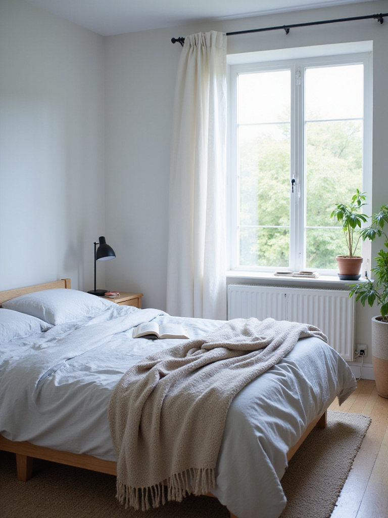Serene bedroom designed for relaxation with soft colors, natural light, and minimal clutter.