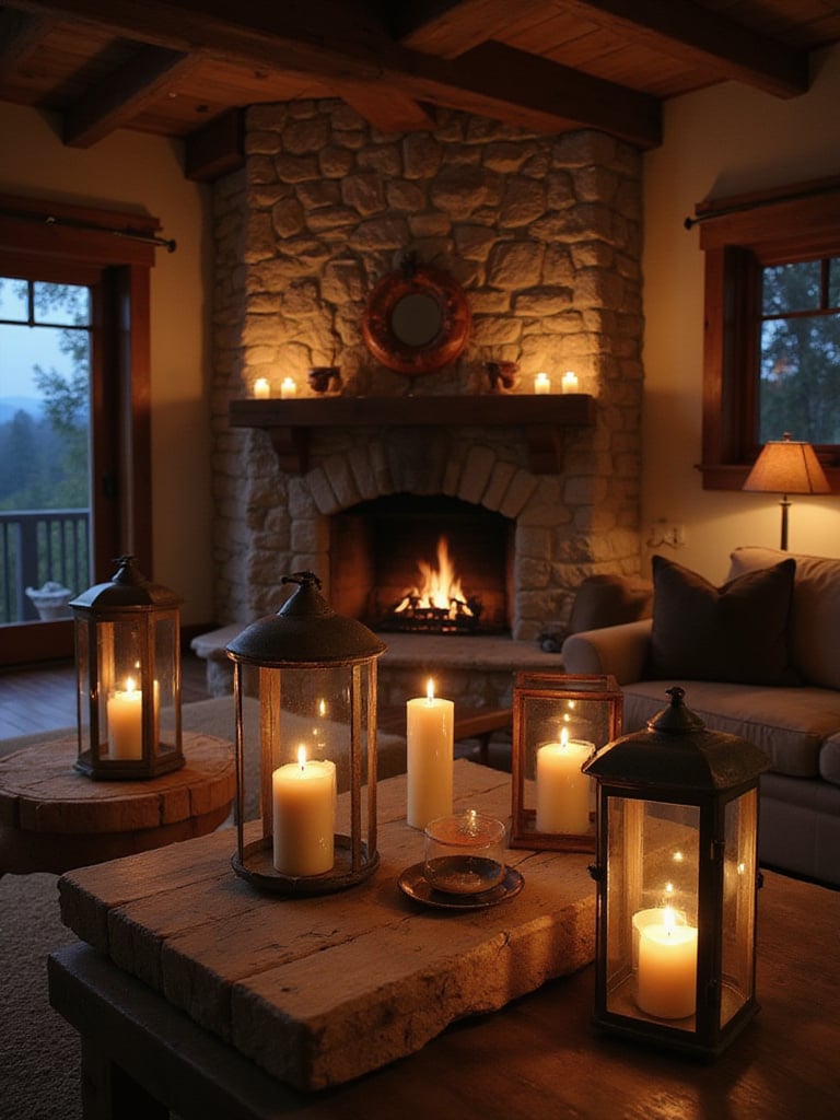 Rustic living room with warm candlelight from lanterns and pillar candles on the mantel and coffee table.