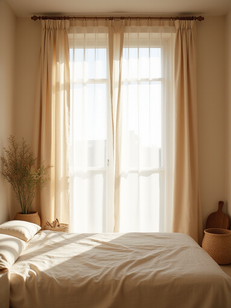 Beige bedroom with sheer beige curtains allowing natural light in.