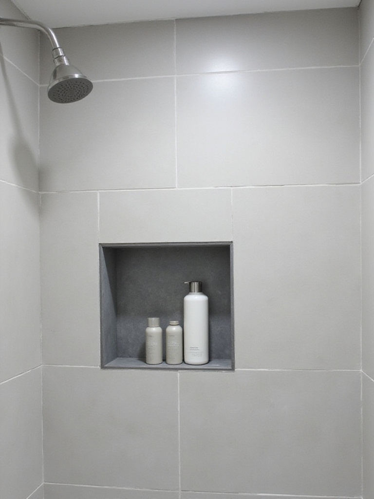 Modern shower with built-in niche providing organized storage for shower essentials.