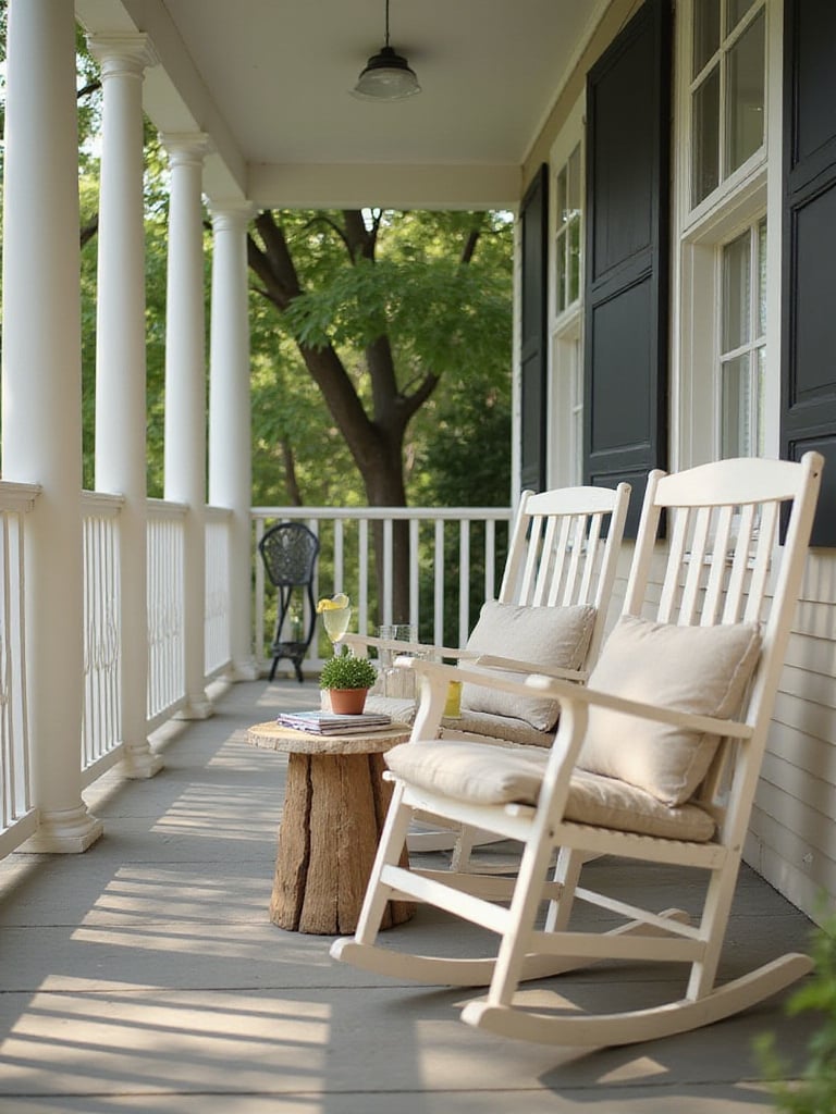 Front porch with rocking chairs and a small side table holding a drink, plant, and magazines