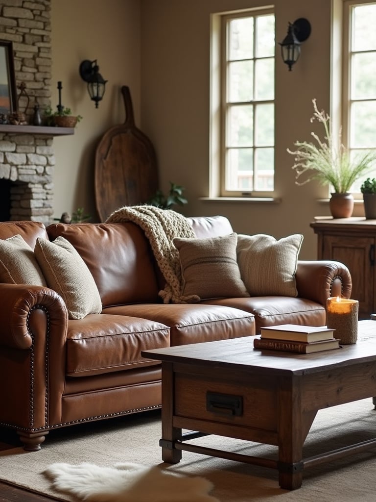 Rustic living room with a distressed leather sofa, stone fireplace, and reclaimed wood coffee table.