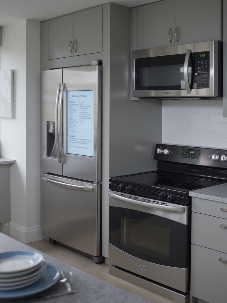 Modern kitchen with smart appliances including a smart refrigerator, induction cooktop, and smart oven.
