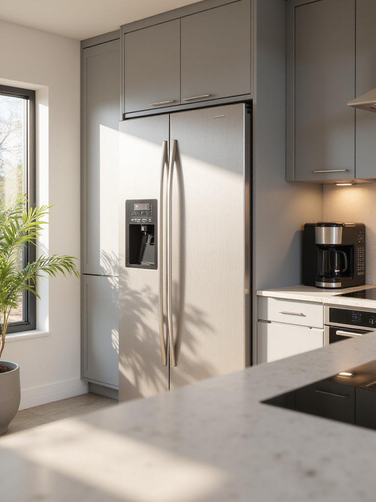 Modern kitchen with smart appliances, including a smart refrigerator and cooktop.