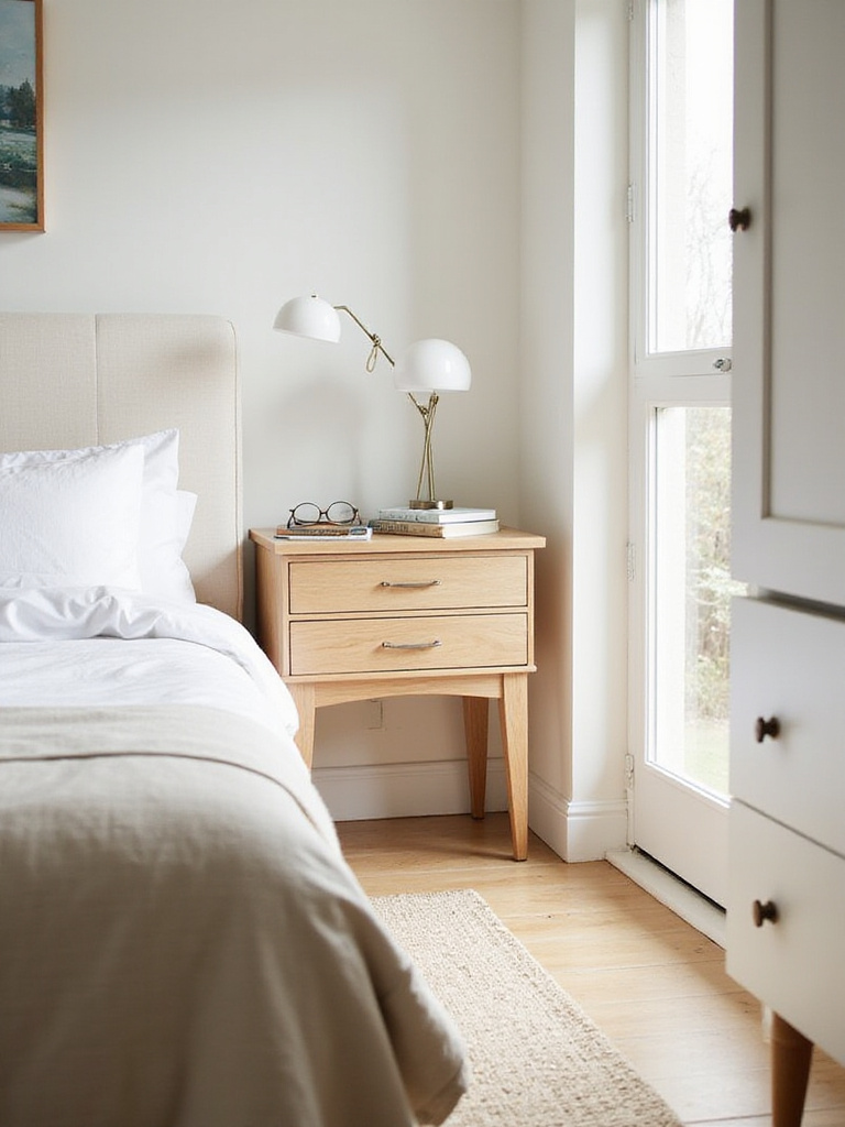 Bright bedroom with light wood nightstand and white dresser for smart storage.
