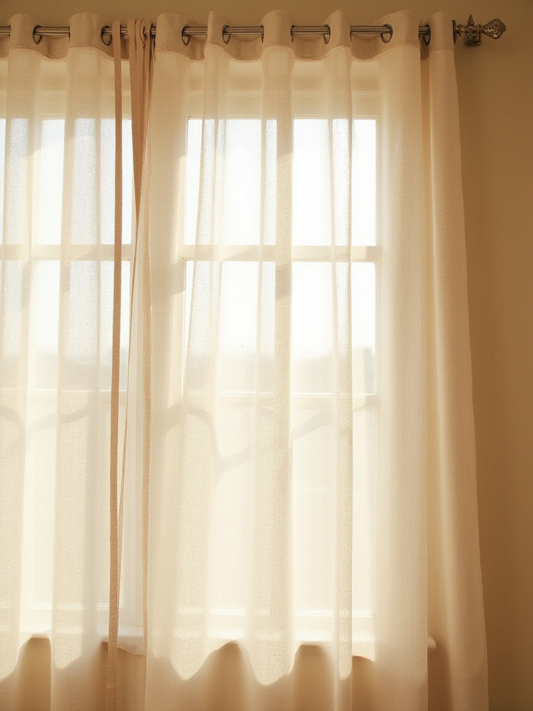 Beige bedroom with soft, diffused light filtering through linen curtains