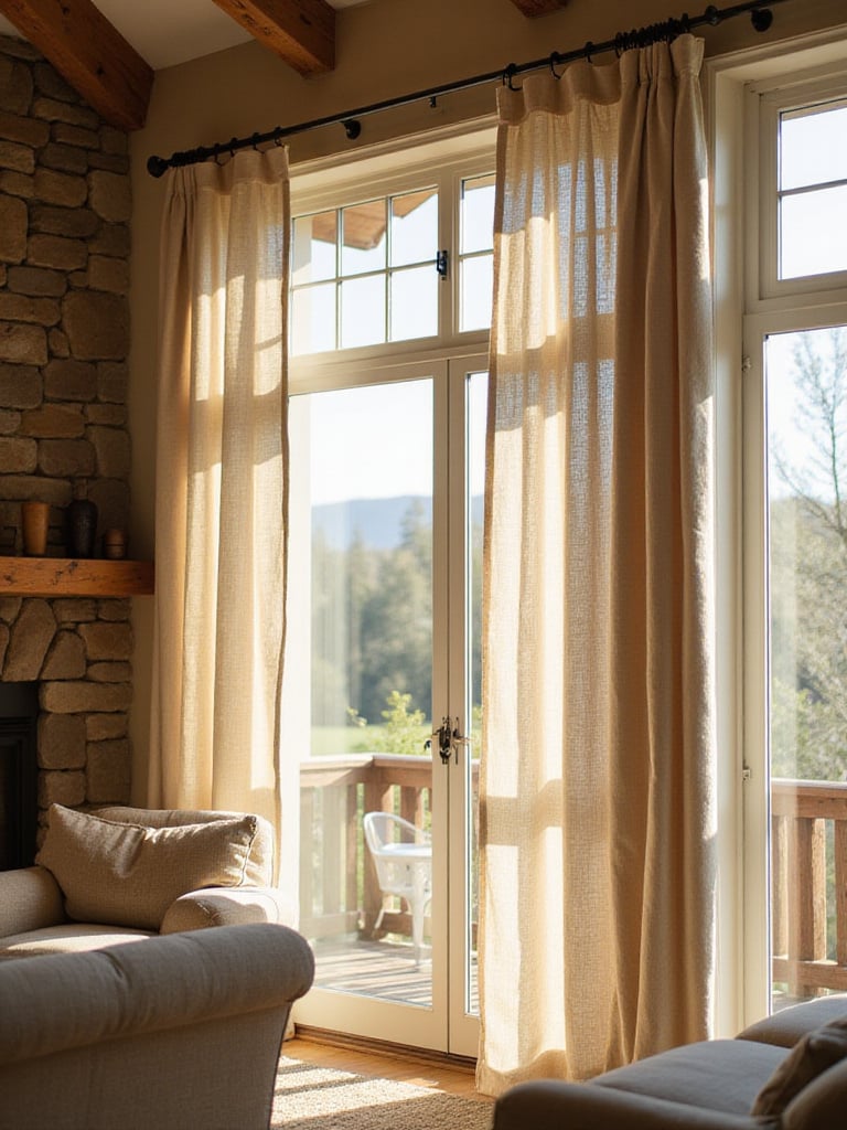 Rustic living room with light beige linen curtains softening the natural light.