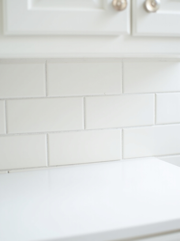 White subway tile backsplash with soft gray grout in a bright white kitchen, highlighting the tile pattern.
