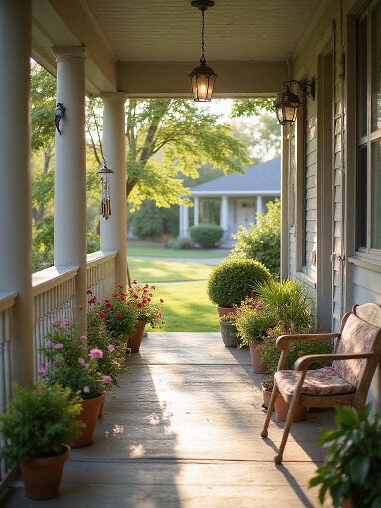Front porch decorated with wind chimes, potted plants, and rustic wooden bench.