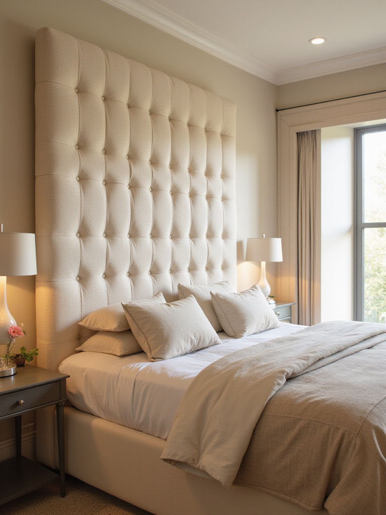 Beige bedroom with a statement tufted headboard.