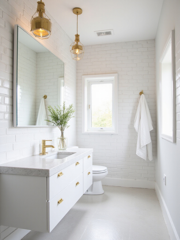 Small bathroom with statement pendant light above vanity, under cabinet lighting, and white subway tile.