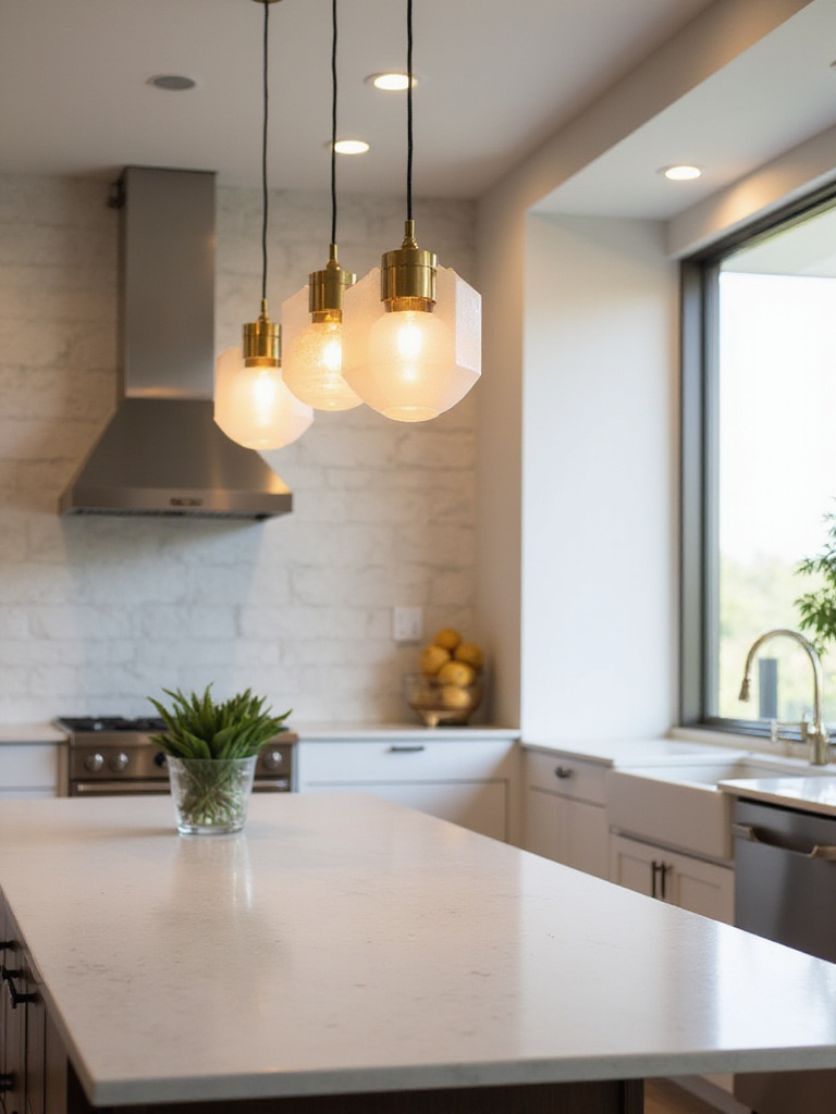 Luxury kitchen with statement pendant lights above the island