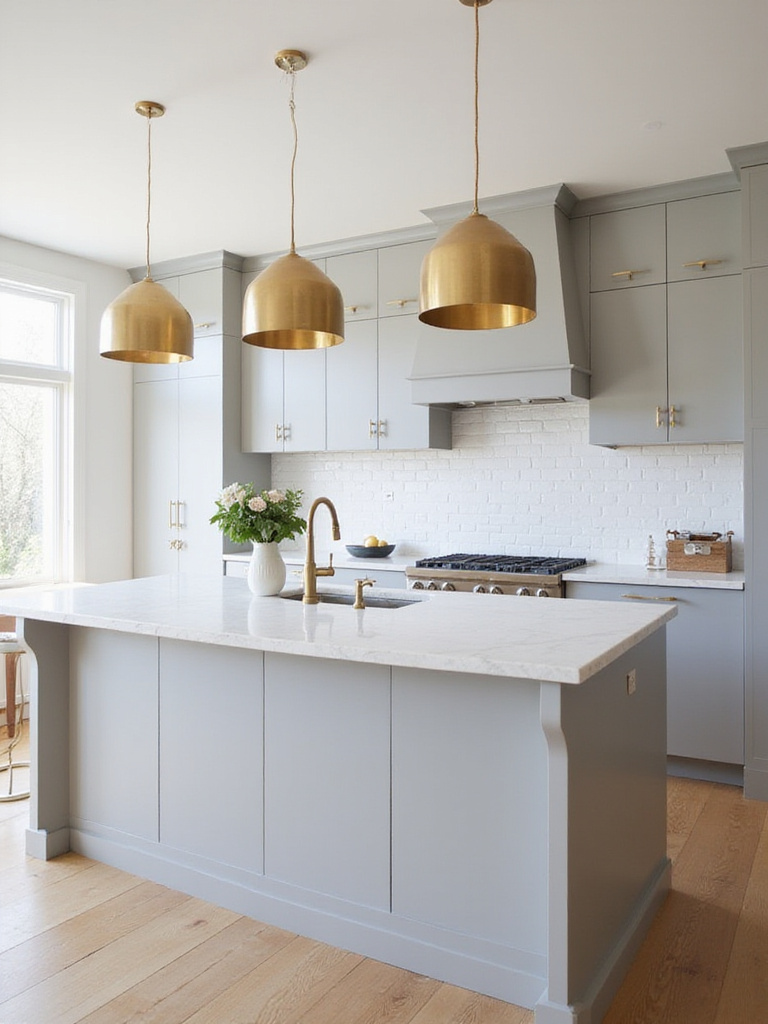 Modern kitchen interior with statement pendant lighting above a white marble island.