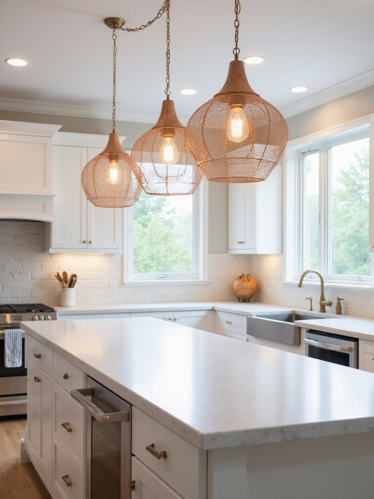 Modern kitchen island illuminated by three copper geometric pendant lights.